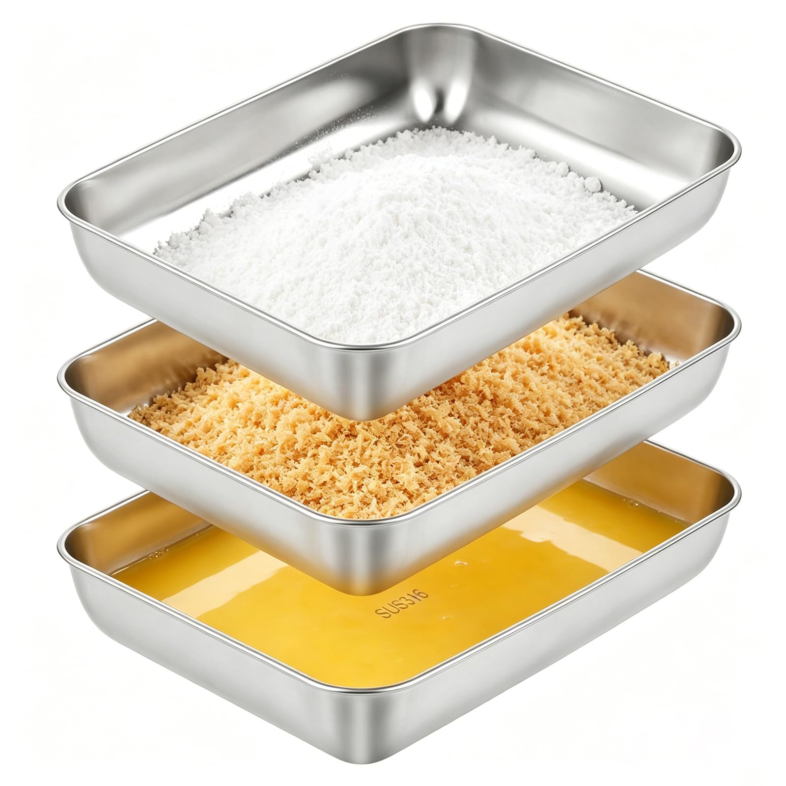 Cozary Set of 3 Rectangular Stainless Steel Trays, 25 x 20 x 5 cm, Stainless Steel Oven Tray for Breading, Marinating, Serving, Rustproof Steel Tray, Dishwasher Safe