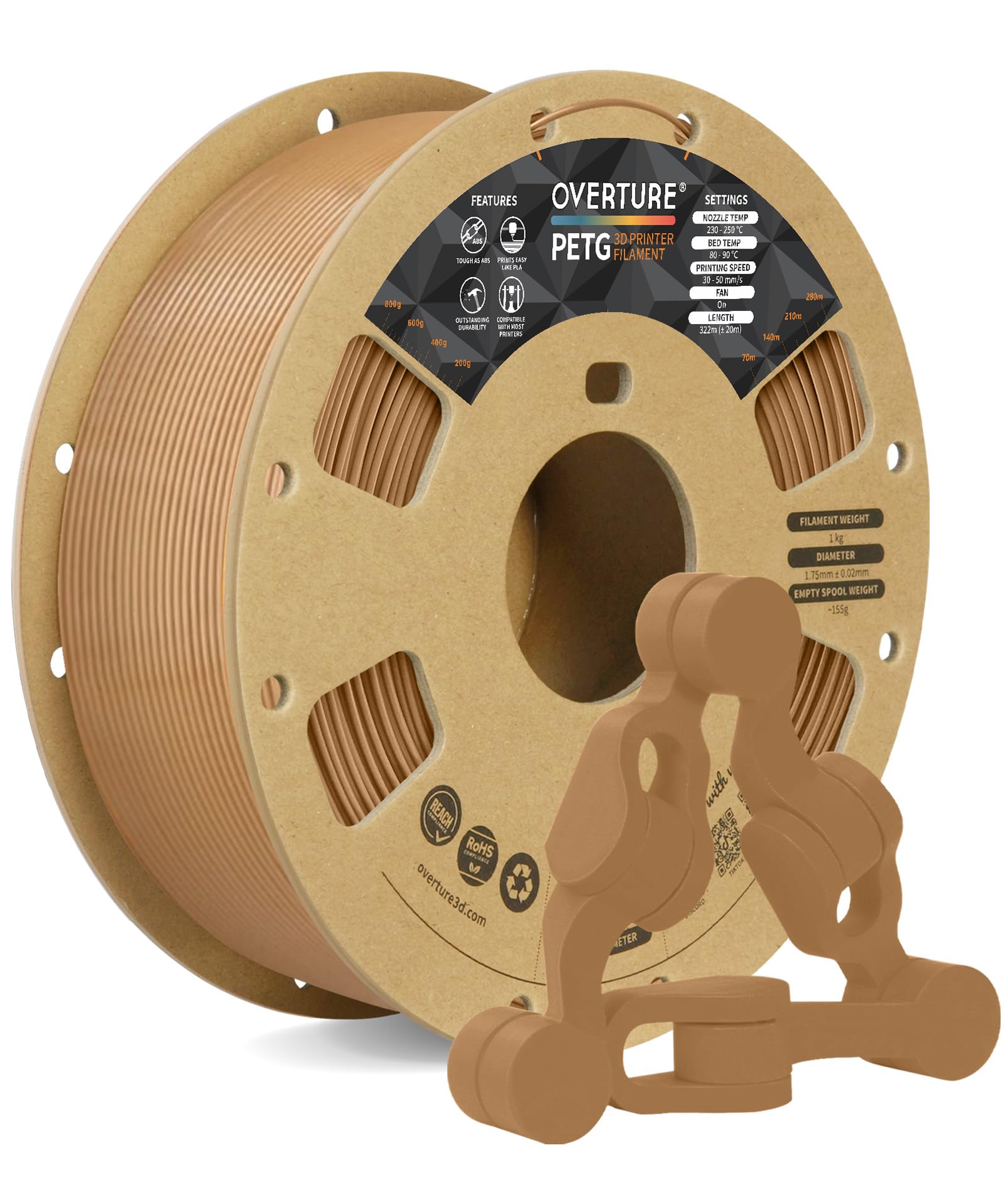 OVERTURE Filamento PETG 1.75mm, 1kg Bobina(2.2lbs), Neatly Wound Durevole PETG Filament per Stampante 3D, Precisione Dimensionale +/- 0.02 mm, 3D Printer Filamento (Marrone)