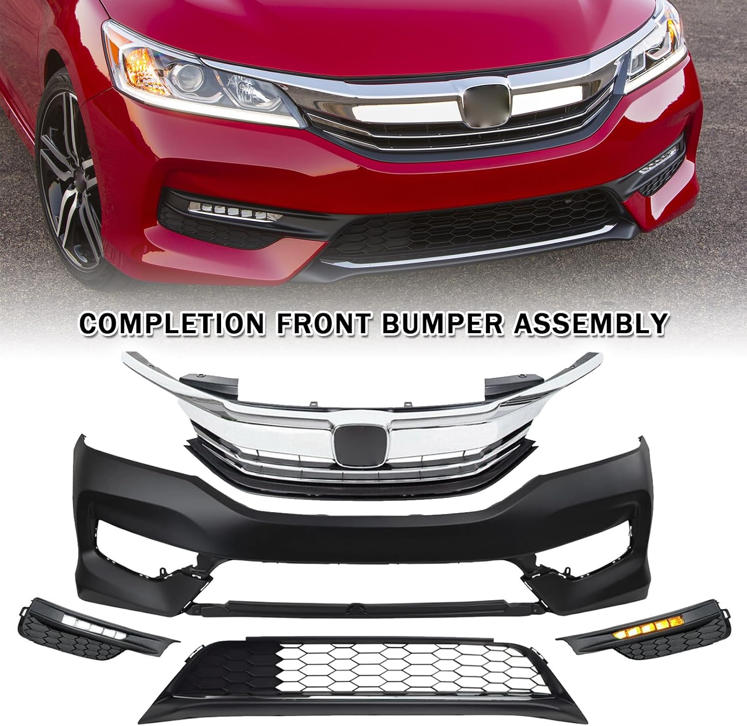 Front Bumper Cover With Upper & Lower Grille & LED Fog Lights Lamps Set Fit For 2016 2017 Honda Accord Sedan Complete Front Body Bumper Kit Replacement