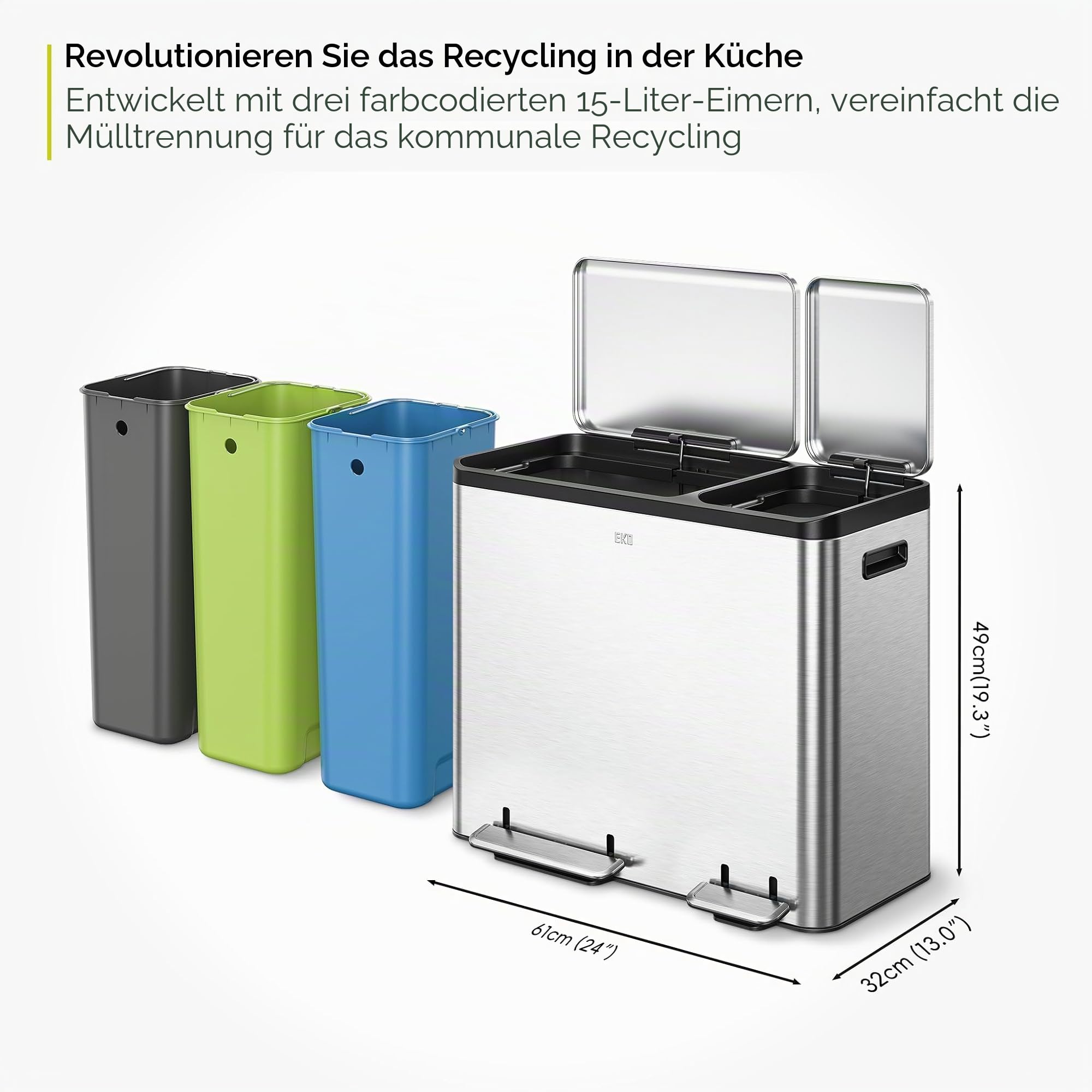 EKO Ecocasa Mülleimer 3 Fächer, 3 x 15 Liter, Tretmülleimer Mülleimer für Küche, Abfalleimer mit Deckel, sanftem Schließen und luftdicht, Mülltrennsystem 3-fach mit Griff, Edelstahl Matt