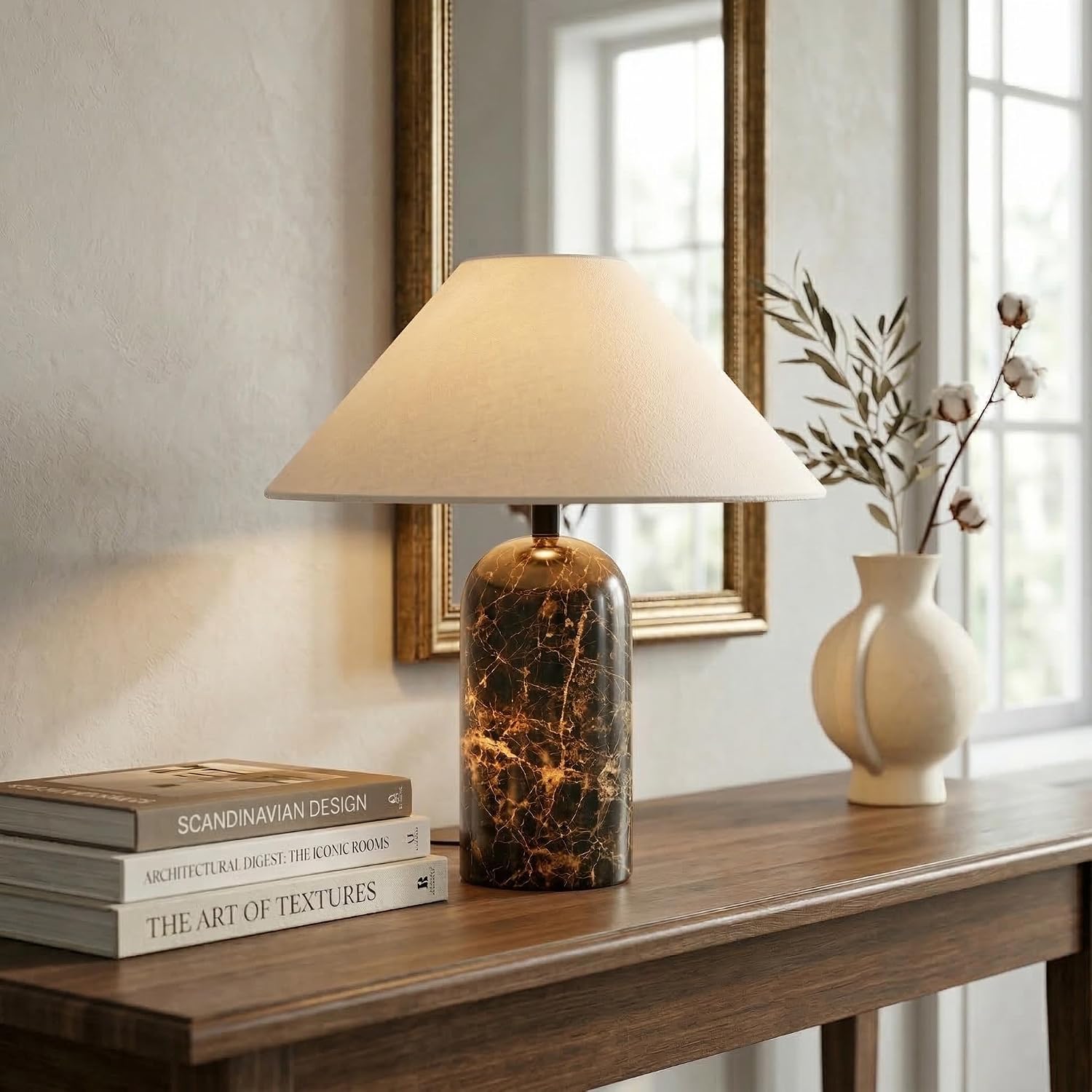 Brightech Sansa LED Table Lamp - 14” Modern Stone Table Lamp for Bedside - Decorative Dimmable Desk Lamp for Living Room, Bedroom - Brown Marble