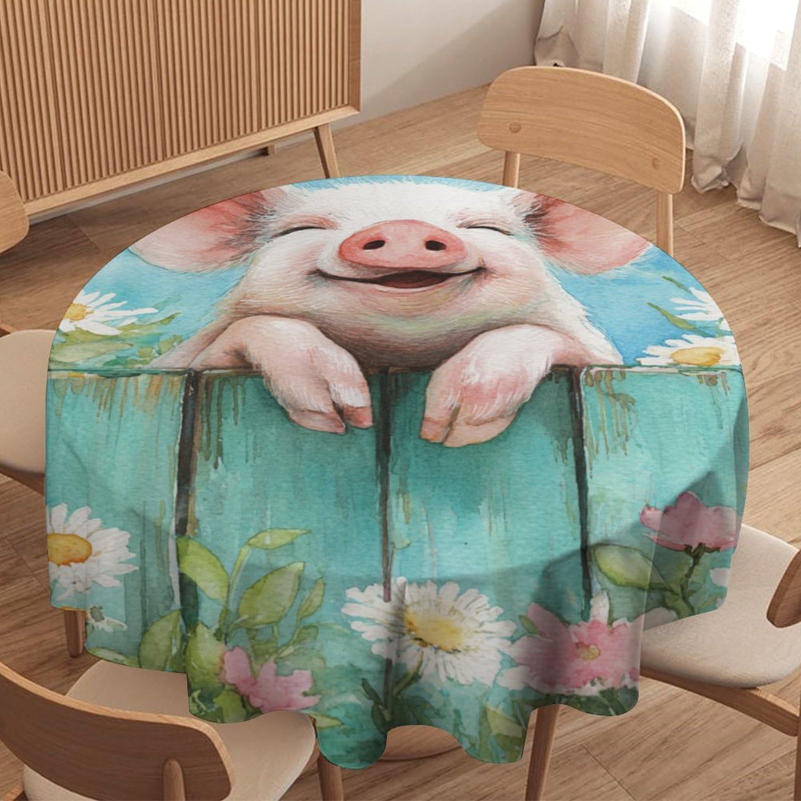 LUYYSKY Modern Colorful Cute Pigs Waterproof Round Tablecloth Oil Painting Spring Farm Fence Plants Daisies Flowers Animals Pig Washable Table Cover for Kitchen-127 Wx127 L cm