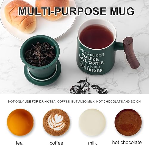 Miniatura 7 de Breleidy Taza de té de cerámica con infusor y tapa, taza de café con mango de madera con colador para remojar hojas sueltas, regalo ideal para los