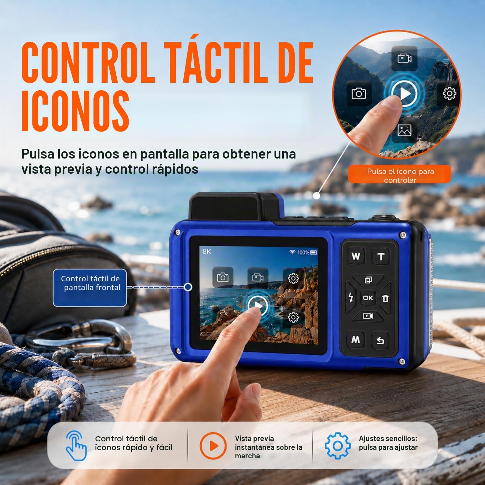 MaxMango V08 Pro 49FT Camara Acuatica，8K 90MP WiFi Pantalla Táctil Cámara Digital，2,8 Pulgadas con Doble Pantalla, Resistente, a Prueba de Polvo y a Prueba de Golpes, Ideal para Snorkel, Azul