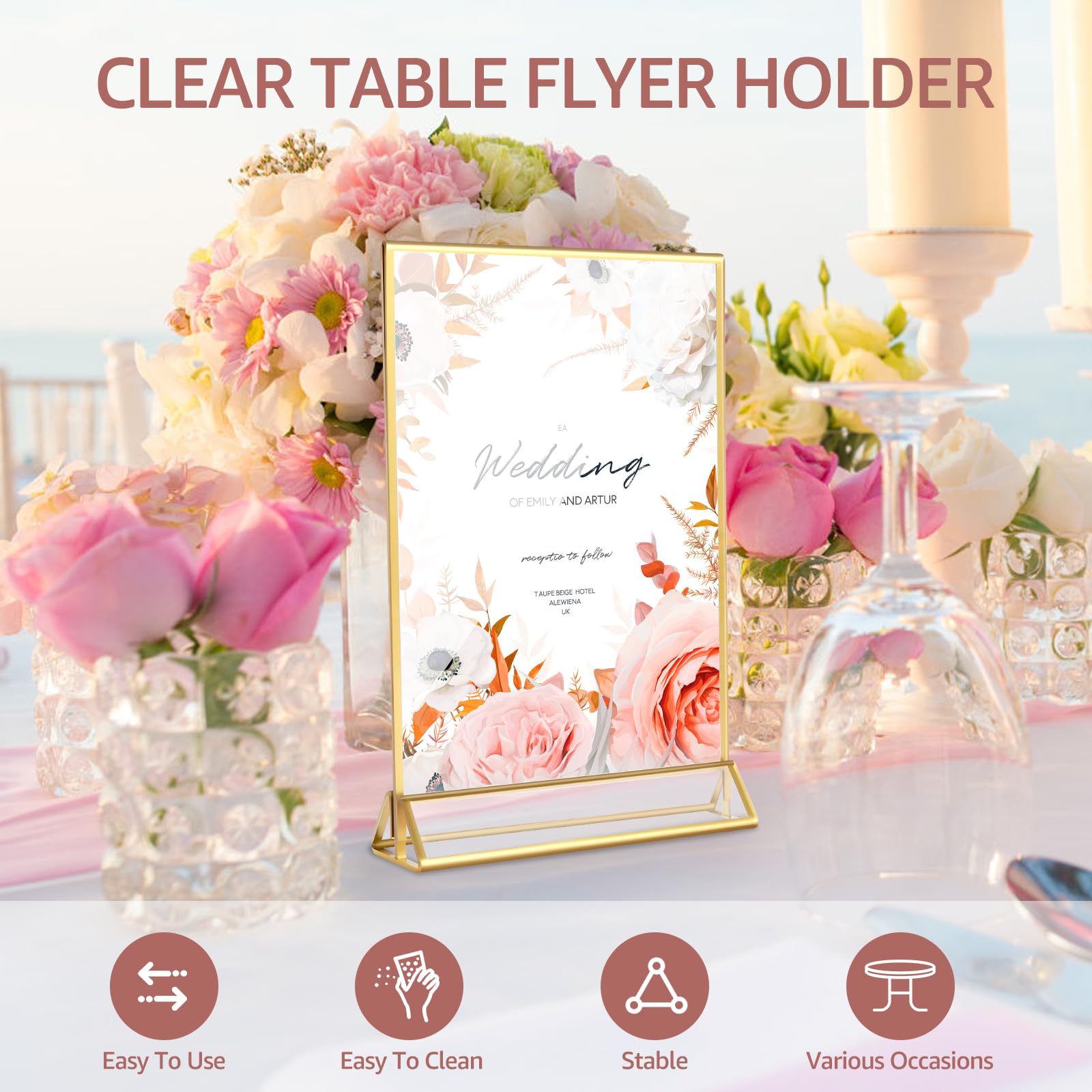 6 soportes acrílicos transparentes de doble cara para carteles, soporte de mesa con borde dorado, soporte multiusos para menú, estante para letreros de mesa para el hogar, boda, restaurante, oficina