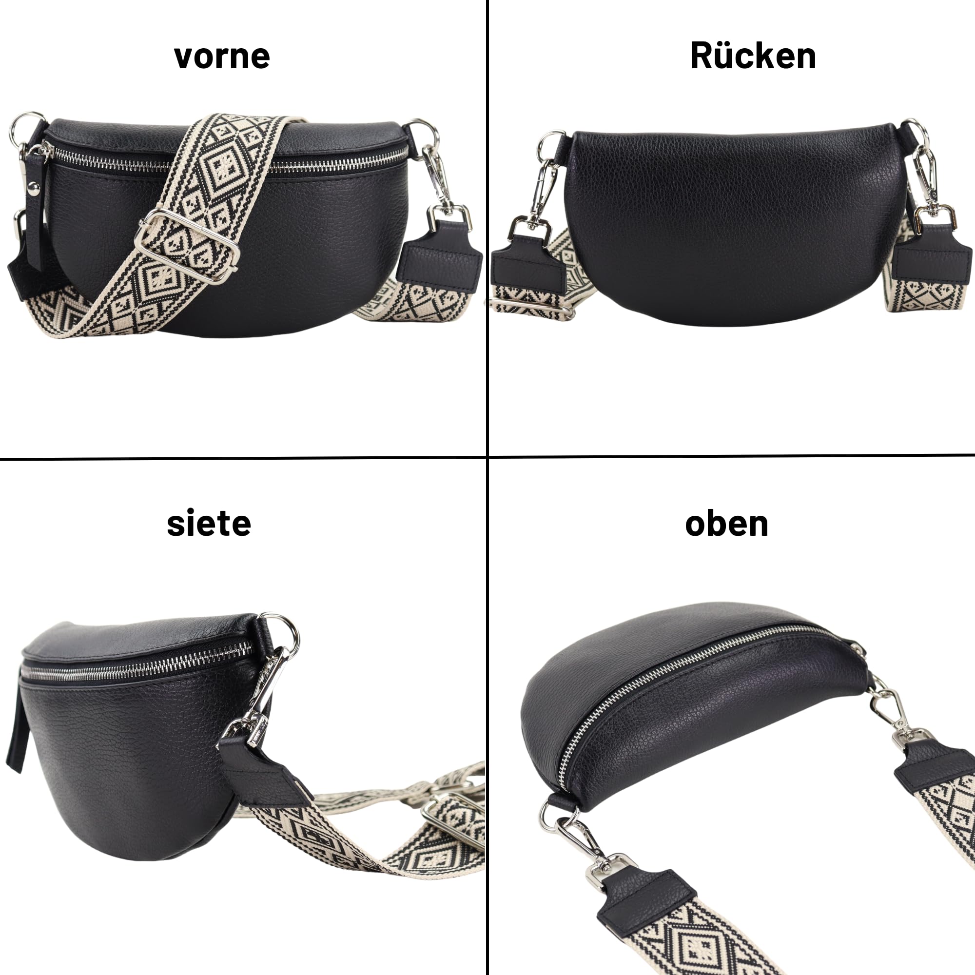 Blade Marsupio da donna in vera pelle, elegante marsupio, da donna, con 2 motivi e pelle staccabili e regolabili, tracolla da donna, tasca sul petto di alta qualità per donne, Nero11., m