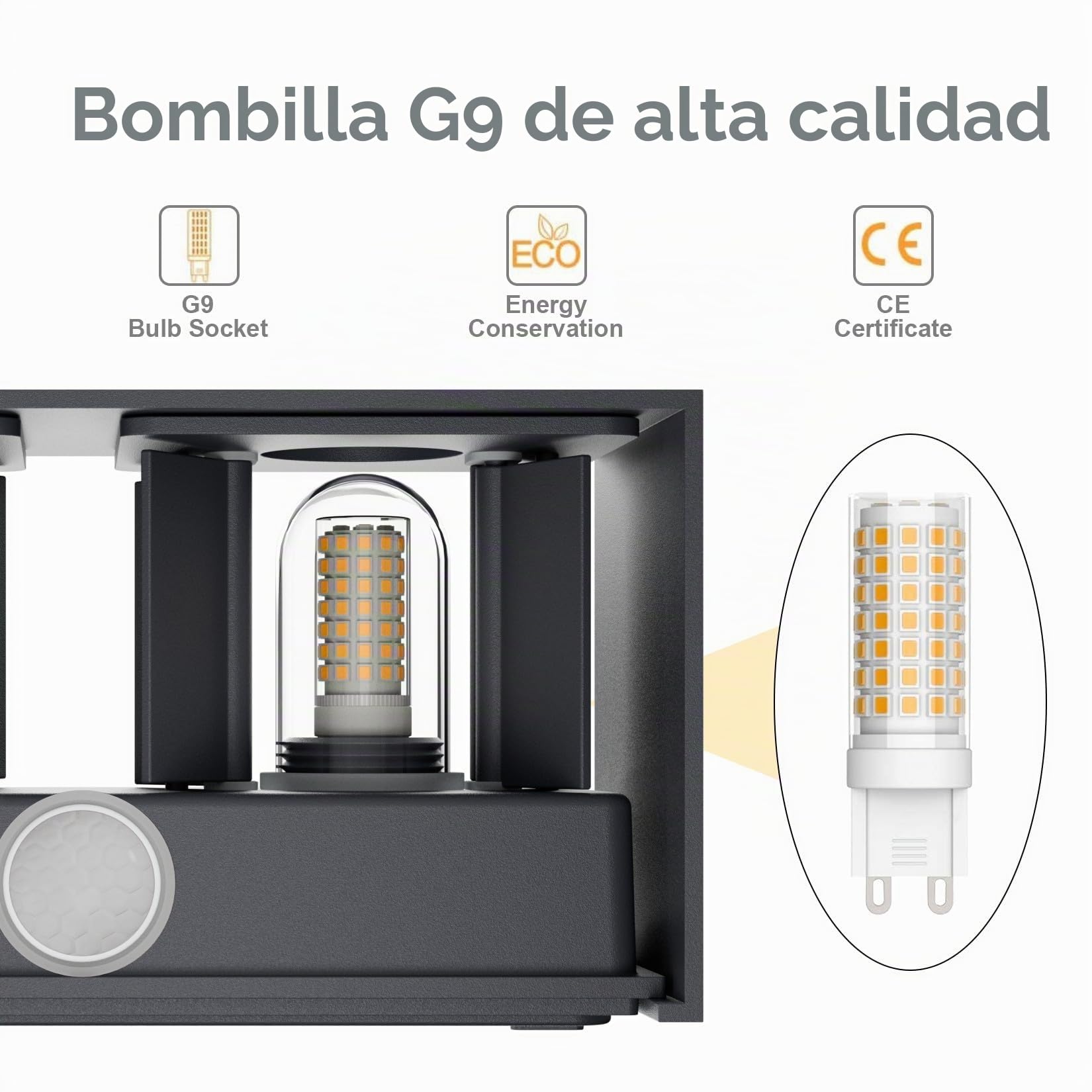 Klighten 1PCS 18W Aplique Pared Con Sensor de Movimiento, IP54 Apliques Con G9 LED Bombillas Reemplazables, 3000K Lampara de pared Interior/Exterior Ángulo ajustable Lámpara Pared, Antracita