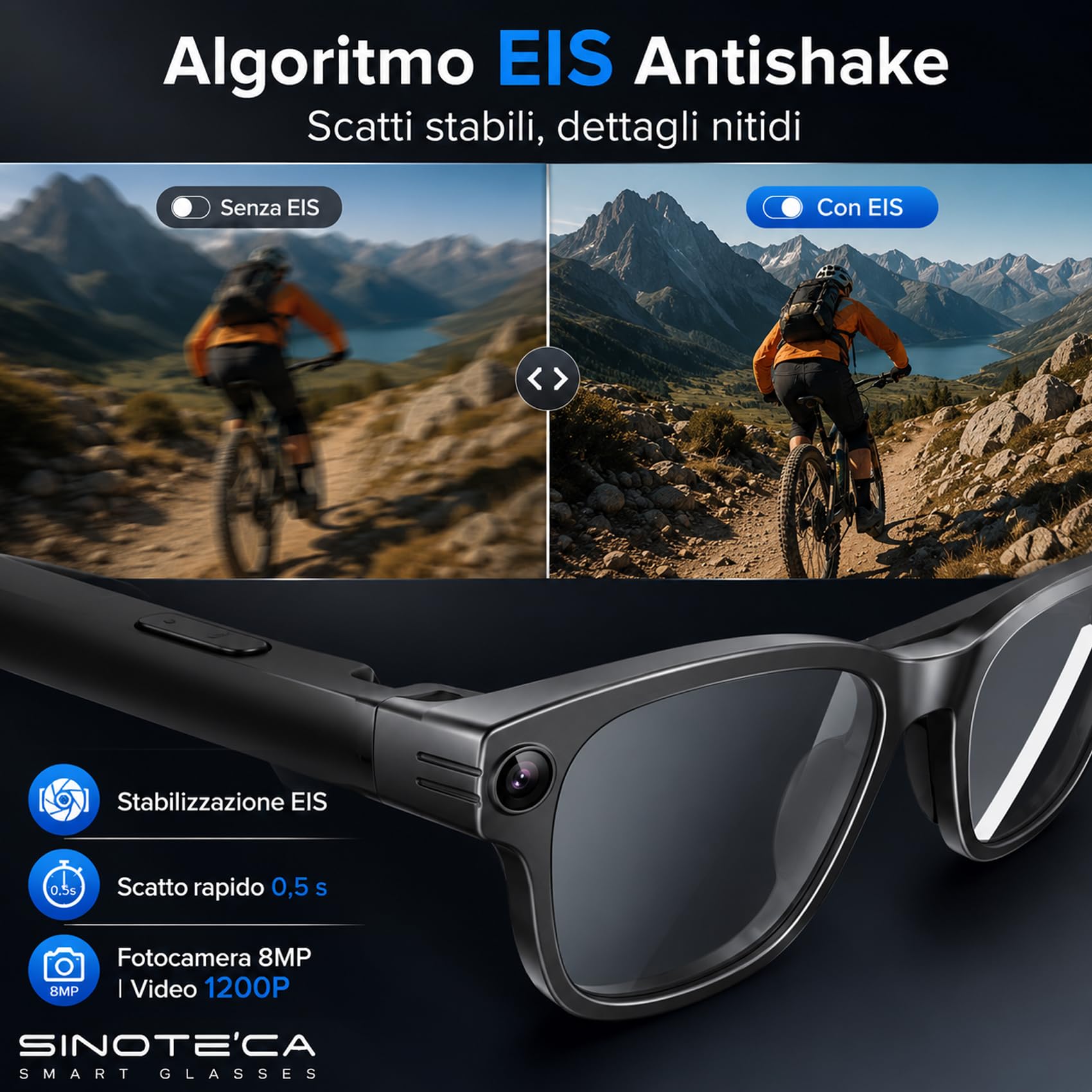 SINOTE'CA AI Smart Glasses con Telecamera 8MP, Occhiali Intelligenti con Lenti Fotocromatiche, Microfono Doppio con Riduzione Rumore, WiFi Transfer, 4GB, Ricarica Magnetica