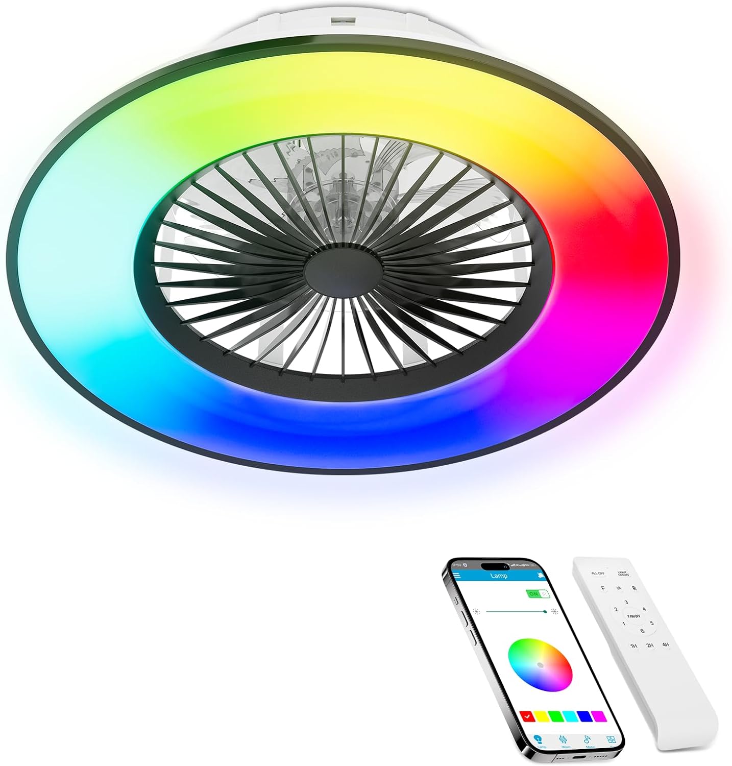 Magshion 22-inch Bladeless Ceiling Fan with RGB Light, Remote, Bluetooth Speaker, Flush Mount Modern Reversible Bladeless Ceiling Fans - Black