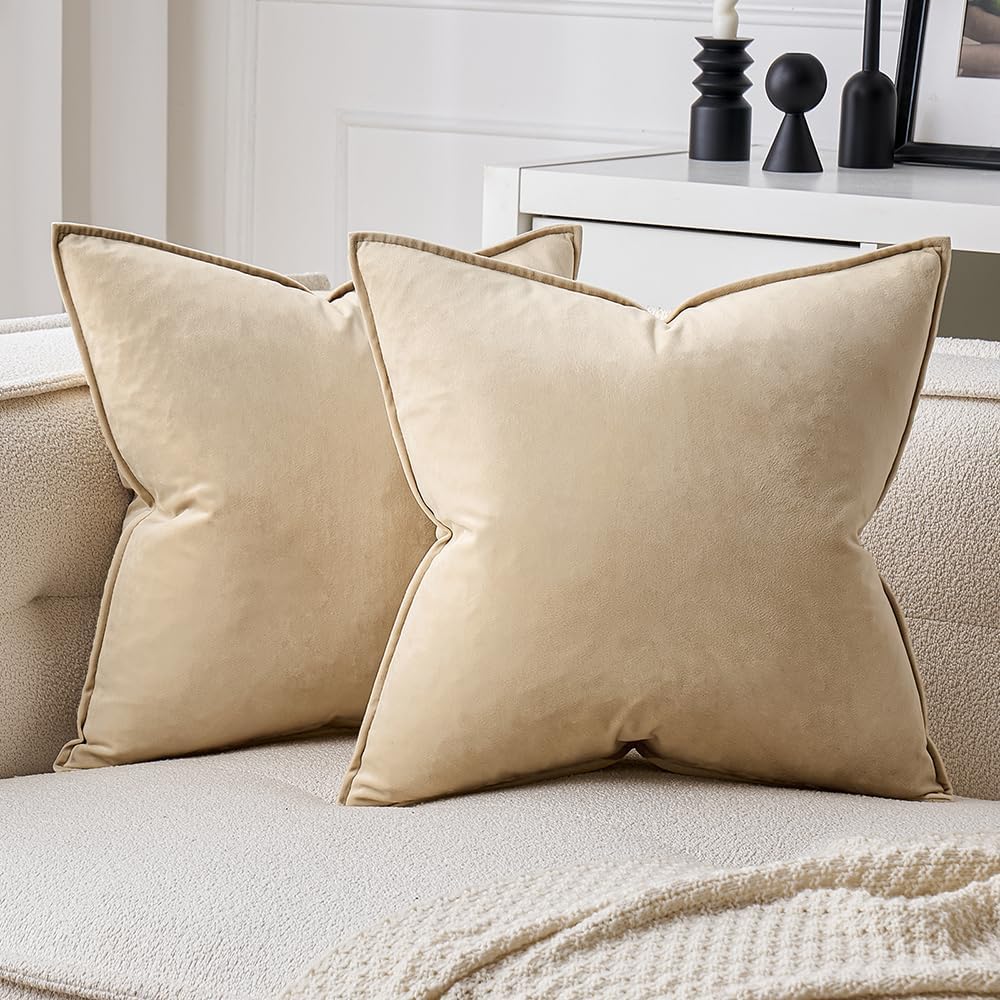 MIULEE Beige Decorative Velvet Throw Pillow Covers Soft Pillow Covers Soild Square Cushion Case for Sofa Bedroom 20x20 Inch 50x50 cm 20''x20'' Beige