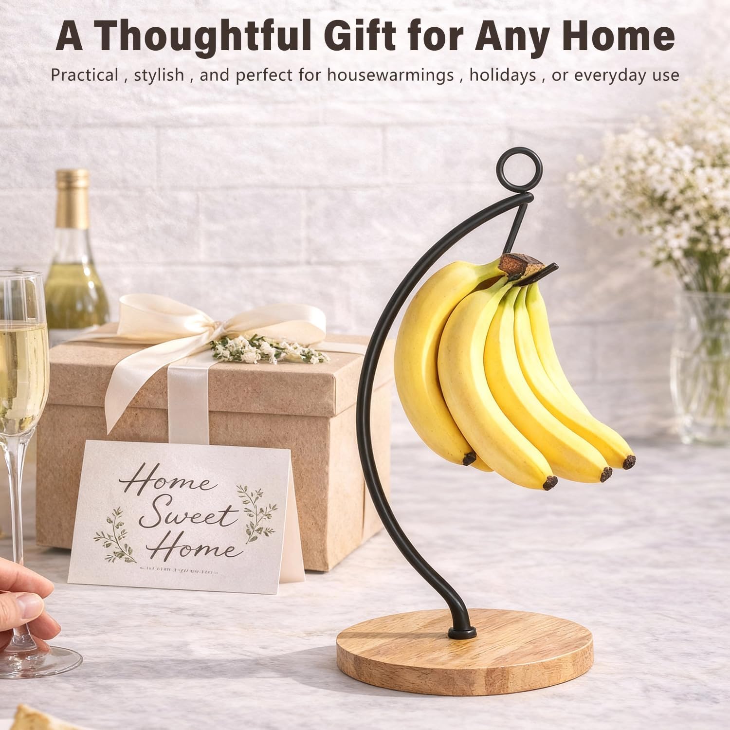 Banana Holder Stand with Wooden Base, Black Metal Banana Tree Hanger, Sturdy Banana Hook Rack to Keep Bananas Fresh, Easy to Install