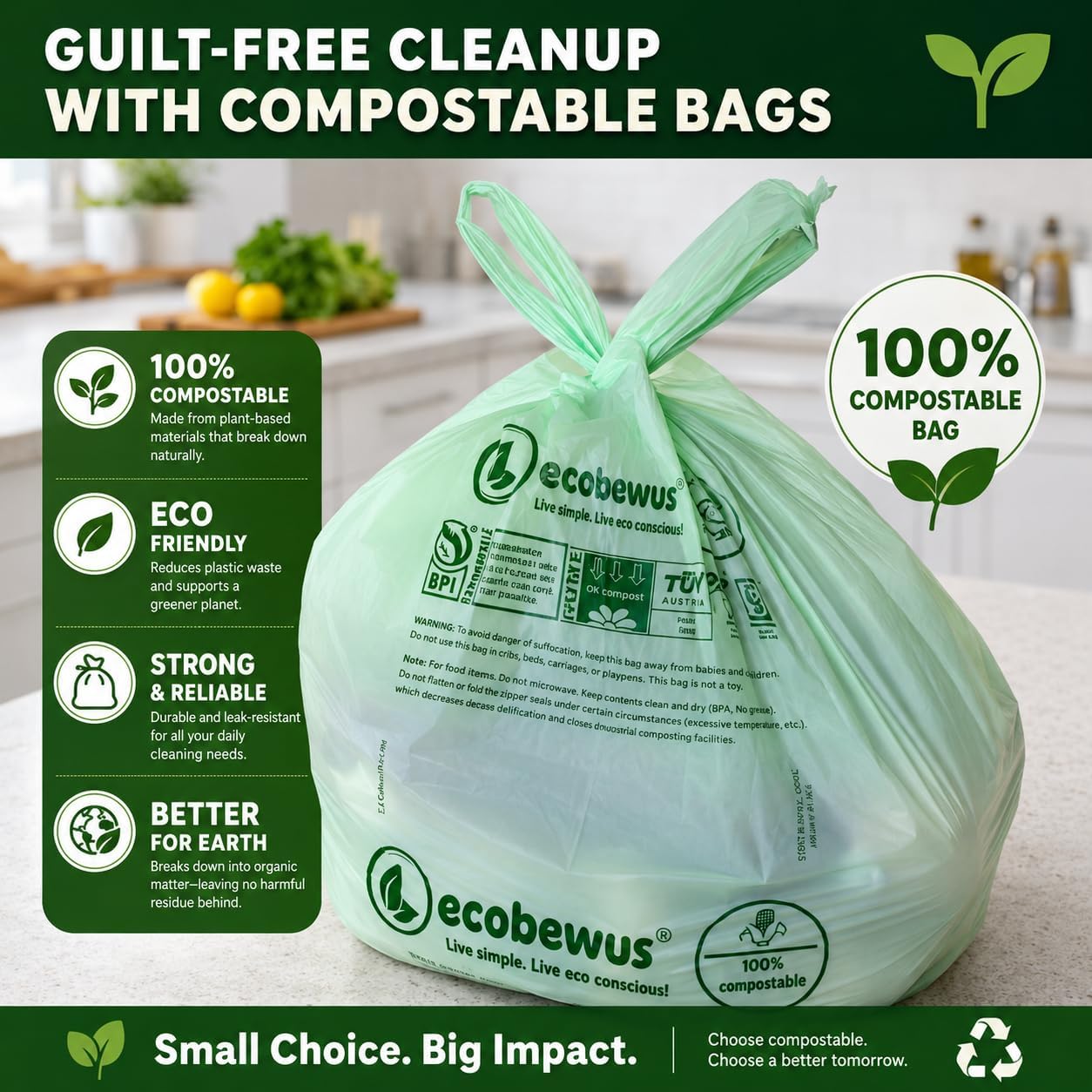 1.6 Gallon 100% Compostable Food Scrap Bags Handle Tie (120 Bags) Small Trash Bags Kitchen Garbage Bags US BPI Certified TUV OK Compost Home Certified Meeting ASTM D6400 (120 ct.)