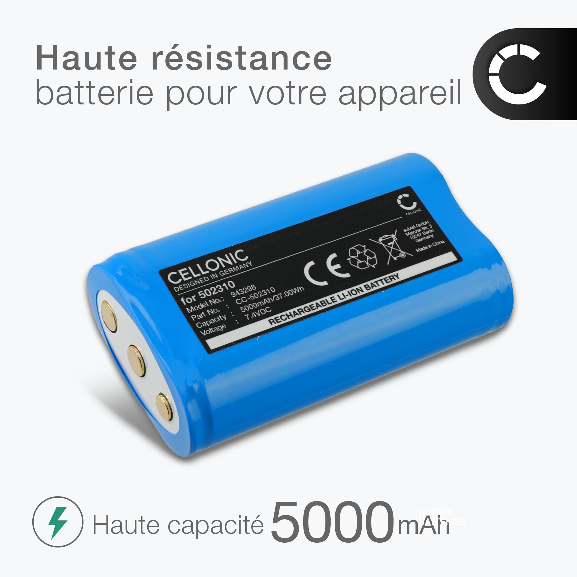 CELLONIC 1x Batterie Compatible avec Ledlenser H15R Core, H19R | 1x, (5000mAh-7.4V-Lithium-Ionen), Beleuchtung / Taschenlampe Akku