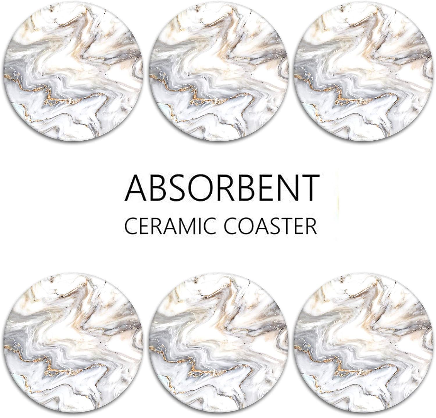 Britimes Coasters for Drinks Absorbent with Metal Holder Stand, Ceramic Stone Coaster Sets of 6, Marble Style Coaster for Coffee Wooden Table, Housewarming Gift White