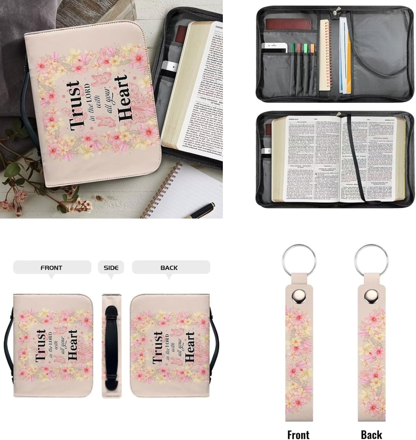Kuiaobaty Trust in The Lord Floral Print Bible Cover with Handles Leather Bible Carrying Case with Keychain for Women Men Bible Tote Bag Bible Accessories Book Pen Papers Organizer Holder