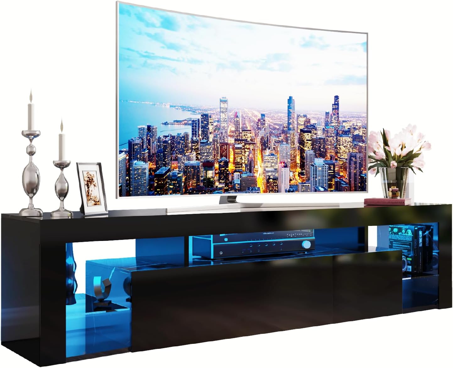 Gitua 63 in Floating TV Stand Wall Mounted, High Gloss LED Floating Entertainment Center with Storage&Adjustable Glass Shelf, TV Stand for TVs up to 75 Inch, Gaming Media Center Console Table, Black