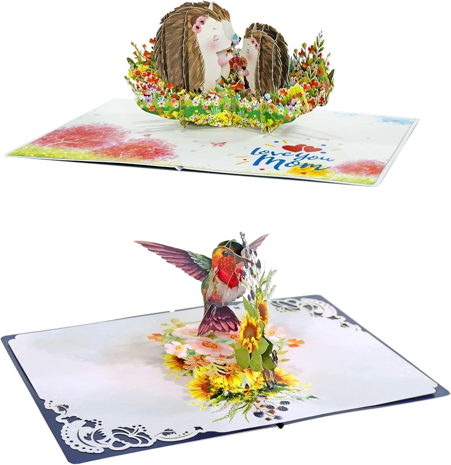 CUT POPUP.COM Mothers Day Card Pop Up, Hummingbird and Hedgehog Mama