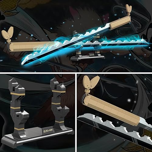 Miniatura 3 de HIGH GODO Juego de construcción de espada de anime, juego de doble espada Hashibira Inosuke de 40 pulgadas con soporte, bloques de construcción de