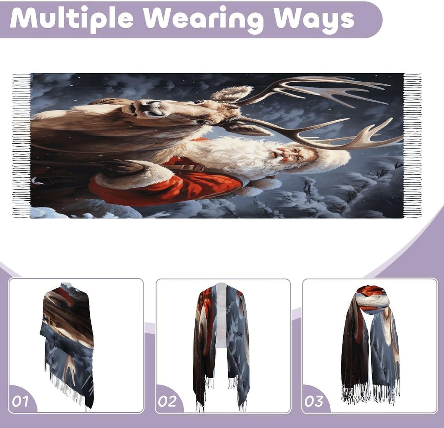 Santa Claus And Deer Elk Scarf for Women Men Soft Warm Fashion Blanket Scarves Classic Cashmere Feel Scarf Long Shawl Large Scarves Cold Weather Thick Blanket Scarfs