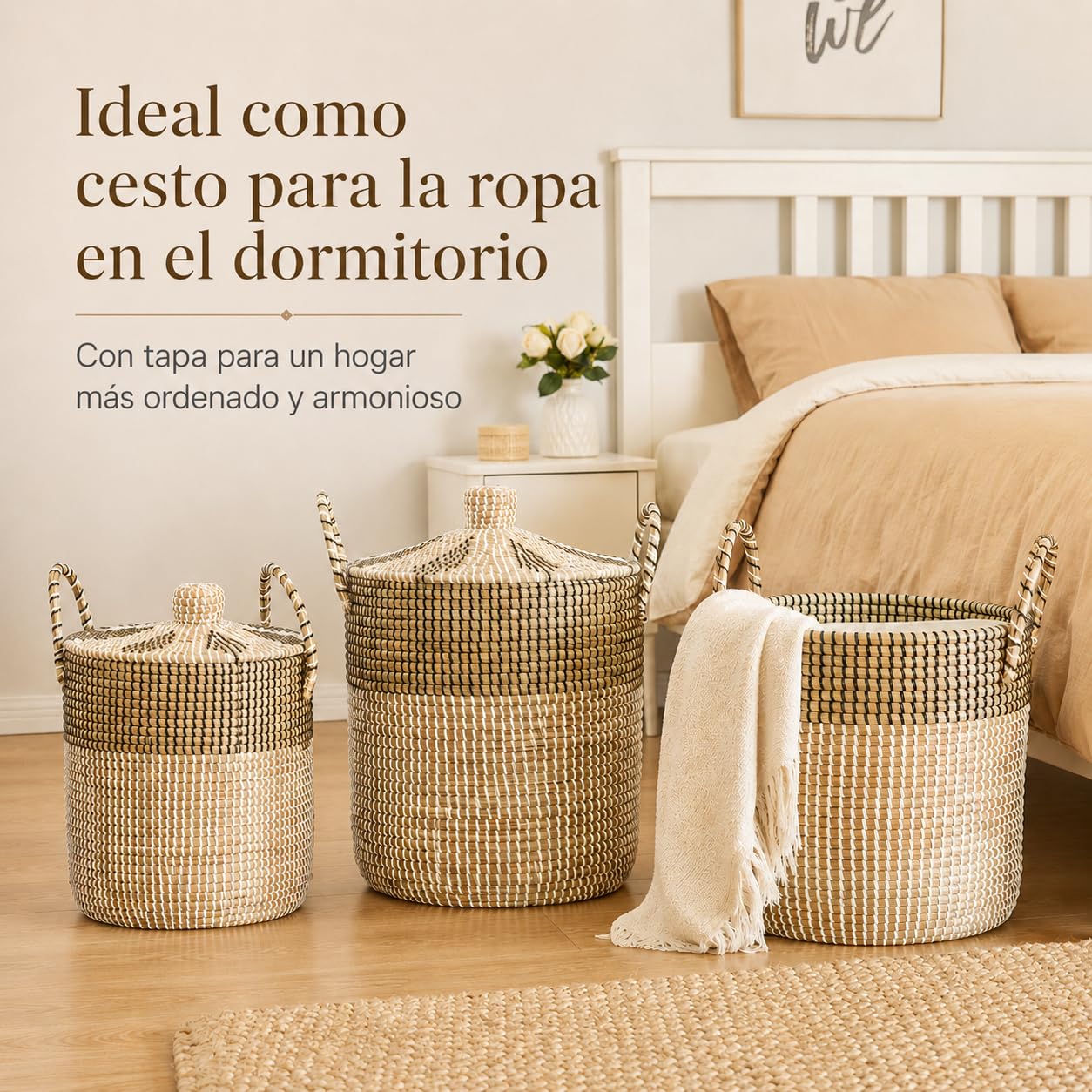 Pack 3 Cestas para Ropa Sucia y Almacenamiento, Cesta Tejida de Hierba Marina Artesanal Vietnam (76L/43L/26L) con Asas, Tapa y Forro Desmontable Lavable, Multiusos Salón Dormitorio Cocina Baño