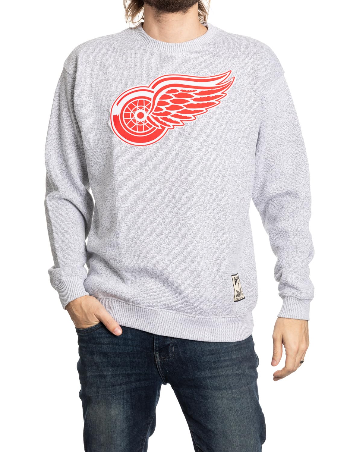 Calhoun NHL Surf & Skate Unisex Cabin Crew Neck Sweater with Premium Cotton Blend & Frayed Team Logo Crest (Detroit Red Wings, XX-Large)