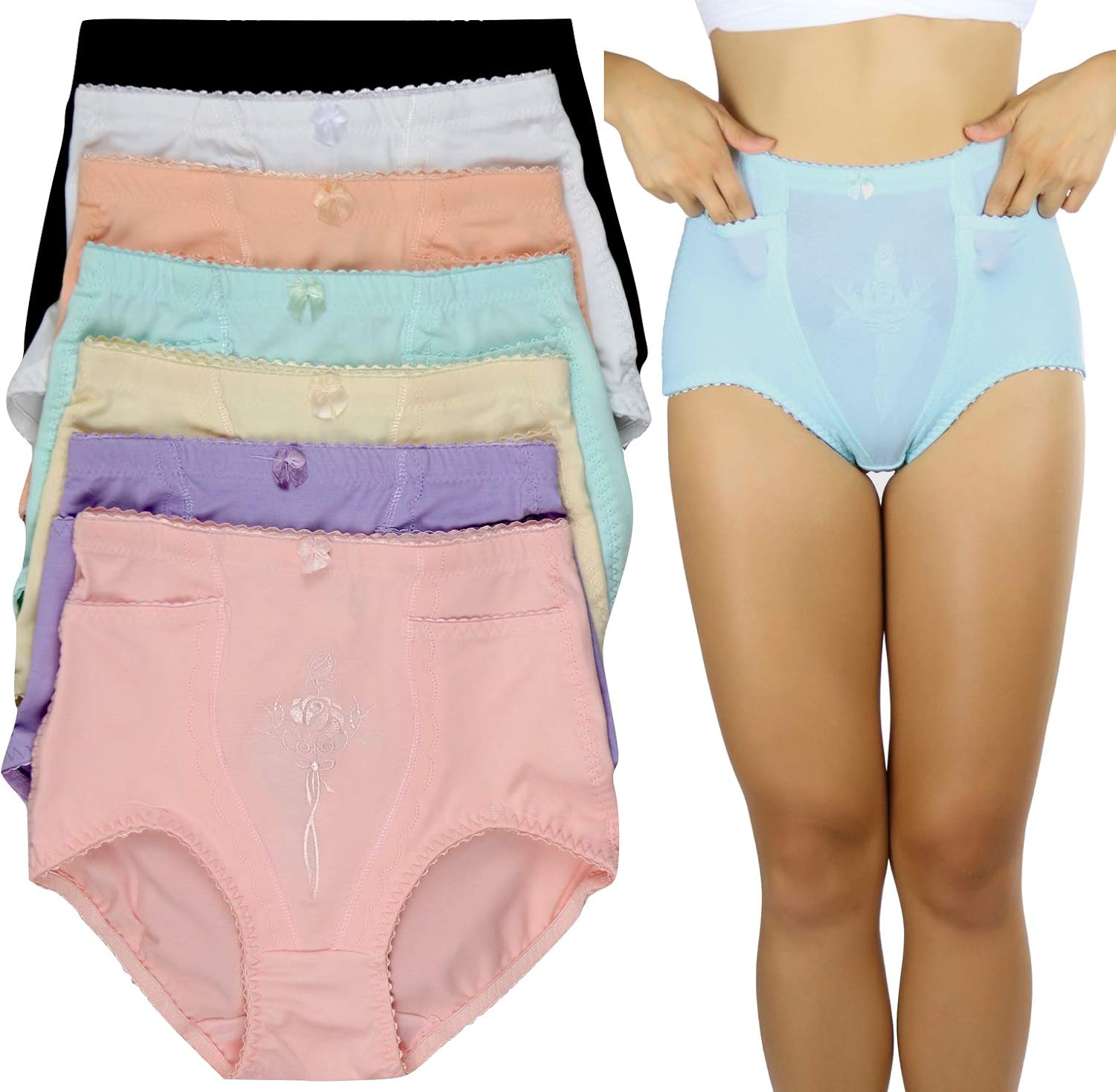 ToBeInStyle Women's 6 Pack High Waist Concealed Slit Pockets Elegant Print Girdle Briefs