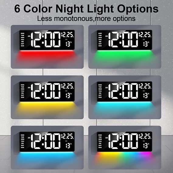 16.5 Digital Clock Large Display with Remote Control, 6-Color Night Light Digital Wall Clock with Dual Alarms, Temperature, Auto DST Large Clock for Living Room, Bedroom, Desk, Mounted, Gift