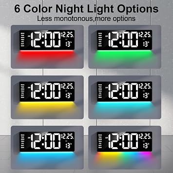 16.5 Digital Clock Large Display with Remote Control, 6-Color Night Light Digital Wall Clock with Dual Alarms, Temperature, Auto DST Large Clock for Living Room, Bedroom, Desk, Mounted, Gift