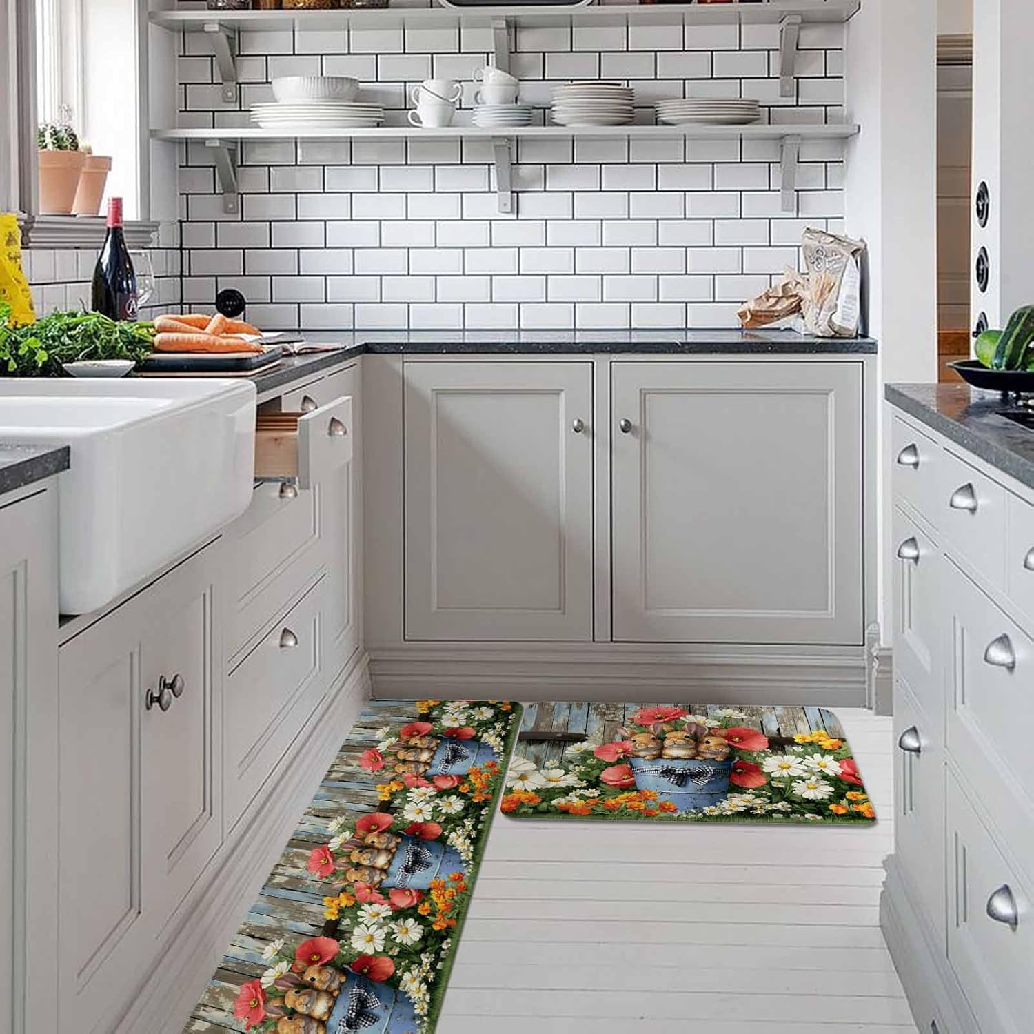 Easter Kitchen Rugs and Mats Set of 2, Non-Slip Kitchen Sink Mat, Retro Spring Rabbit Flowers Plants Wooden Plank Washable Doormat Bathroom Rugs Runner for Bedroom/Living Room 19.7"x31.5"+19.7"x47.2"