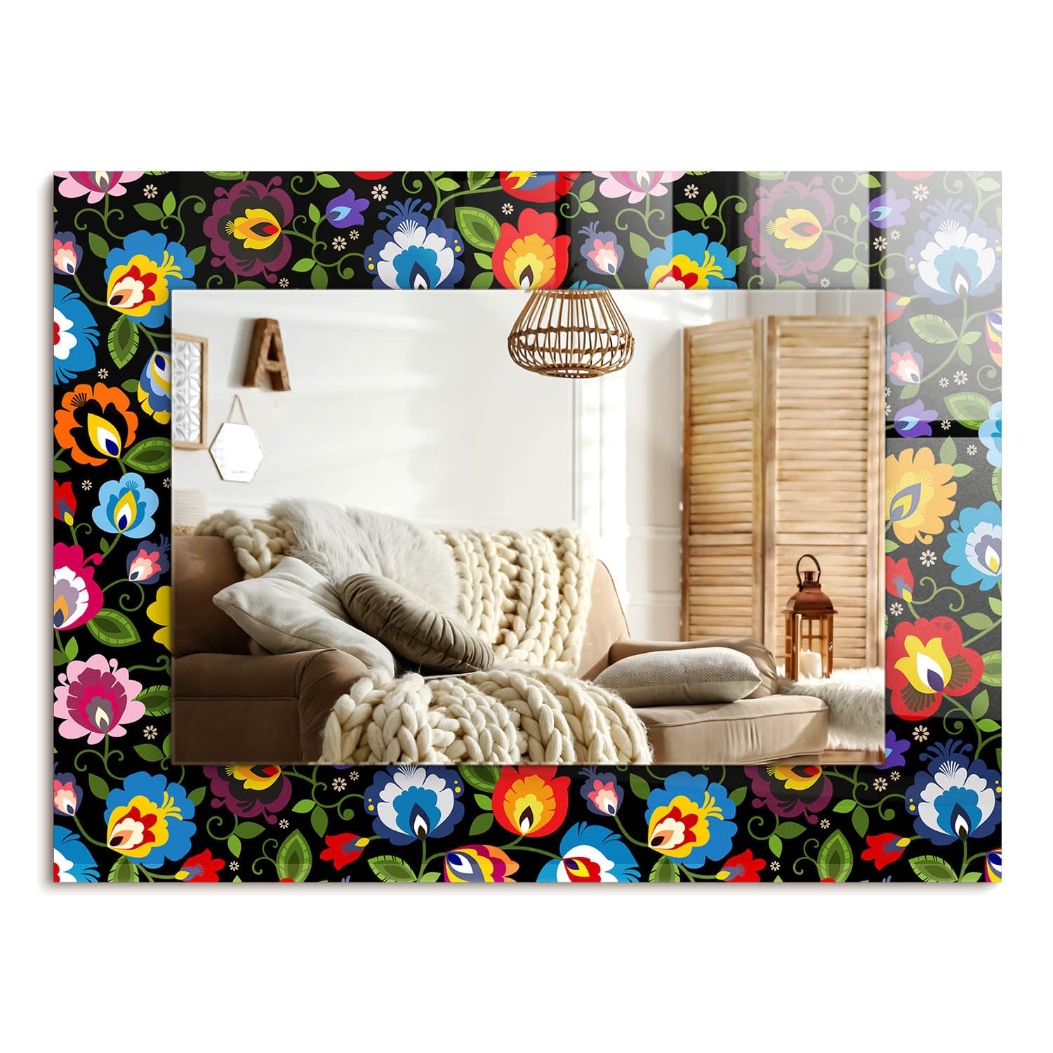 Miroir design moderne 80x60 cm minimaliste suspendu avec art folklorique