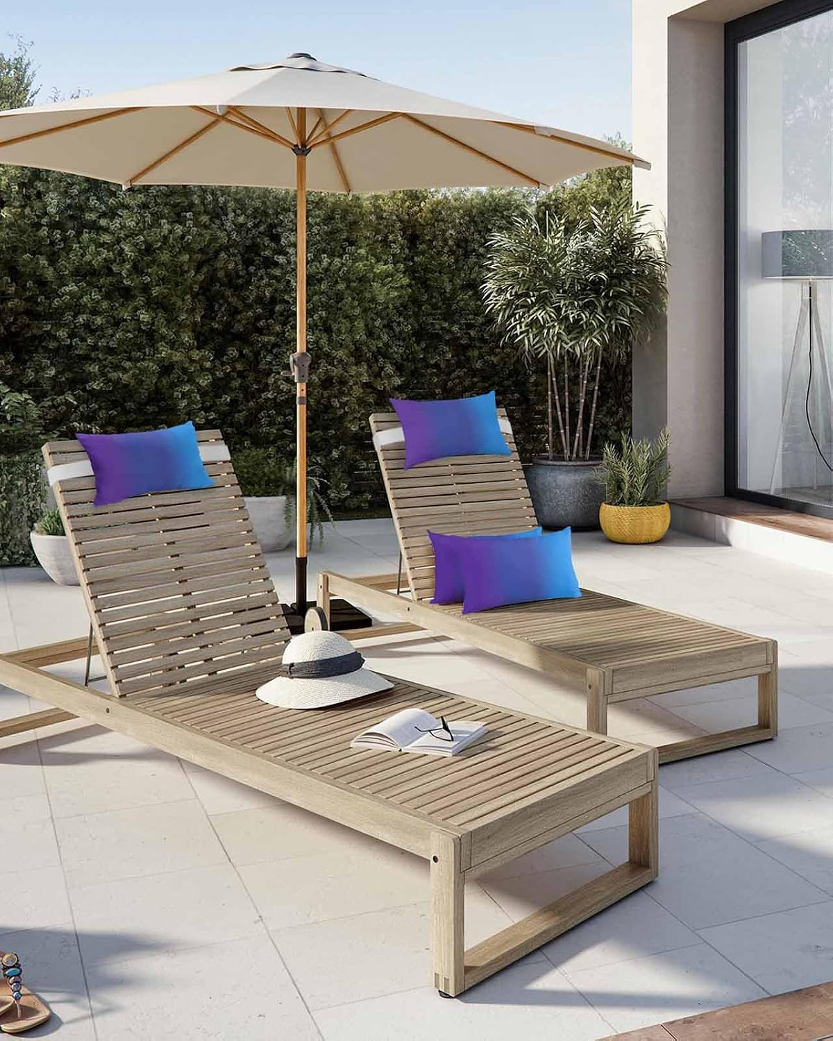 Lumbar Pillow Covers Set of 2, Purple Blue Ombre Waterproof Outdoor Chaise Lounge Pillow Covers with Elastic Strap, Modern Color Gradient Striped Headrest Pillowcase for Patio Recliner, 12 x 20