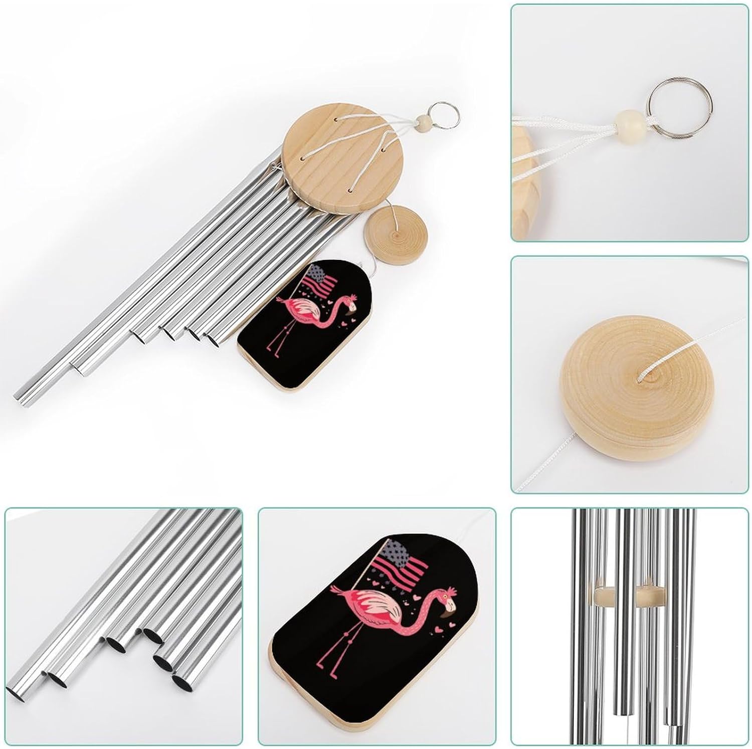 Cute Flamingo U.S. Flag Wooden Wind Chimes Deep Tone Memorial Windchime for Outside Garden Home Decoration
