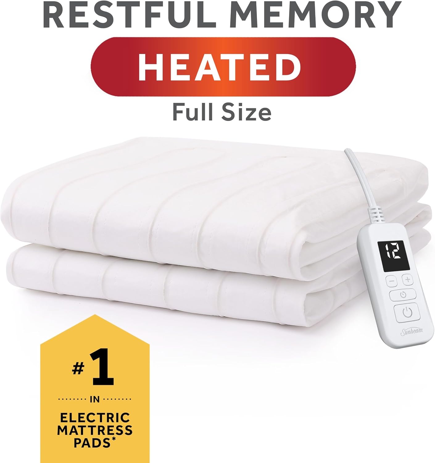 Sunbeam Electric Heated Mattress Pad Full 75" x 54" 12 Heat Settings 12-Hour Auto Shut-Off Fast Heating Soft Cozy Fabric Deep Pocket Skirt Machine Washable - Image 2