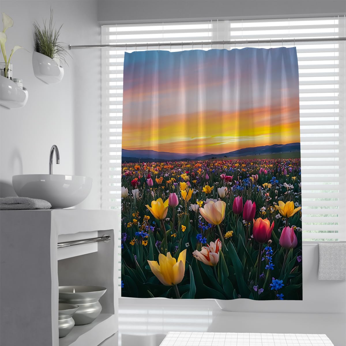 UIRINGART Tulip Prairie Meadow Mountain Shower Curtain W200xL200cm Serene Pastoral Wildflowers Sky View Polyester Anti Mould Washable Bathroom Screen Decor
