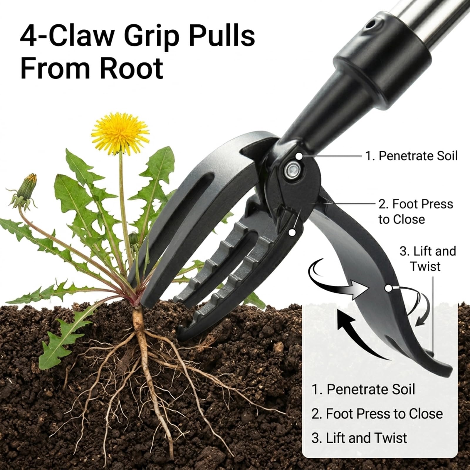 Manico Lungo Estirpatore Erbacce, Estirpatore Erbacce Manuale, Sarchiatore per Erbacce, Rastrello Giardino, Testa a 4 Artigli, Non è Necessario Chinarsi, per Giardino, Prato e Aiuole