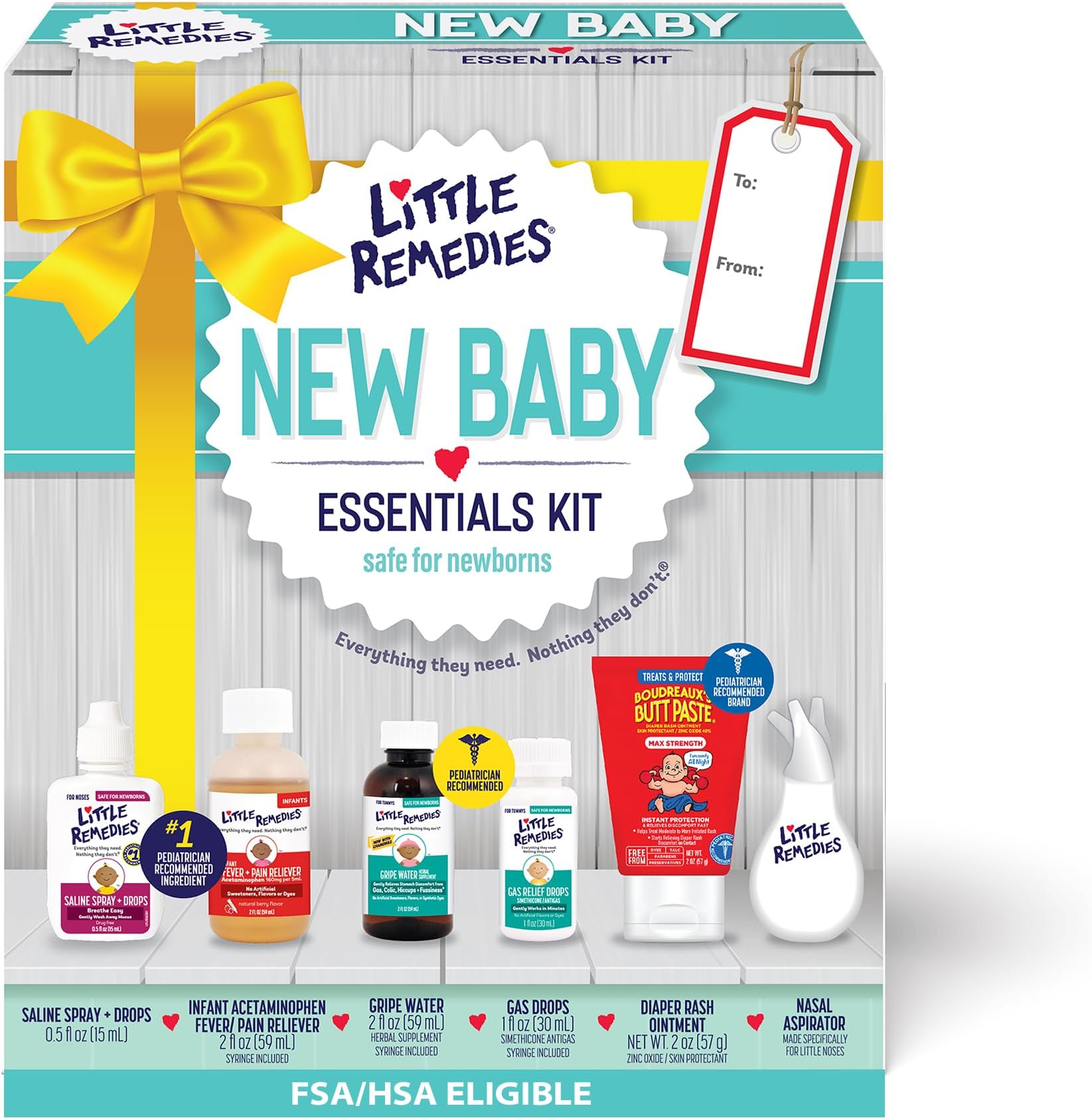 New Baby Essentials Kit with Saline Nasal Spray, Diaper Rash Cream, Gas Relief Drops, Gripe Water & More, Safe for Newborns