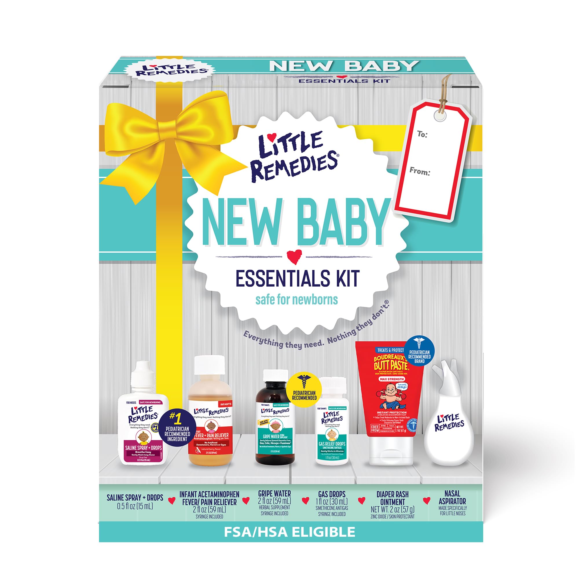 Little Remedies New Baby Essentials Kit with Saline Nasal Spray, Diaper Rash Cream, Gas Relief Drops, Gripe Water & More, Safe for Newborns