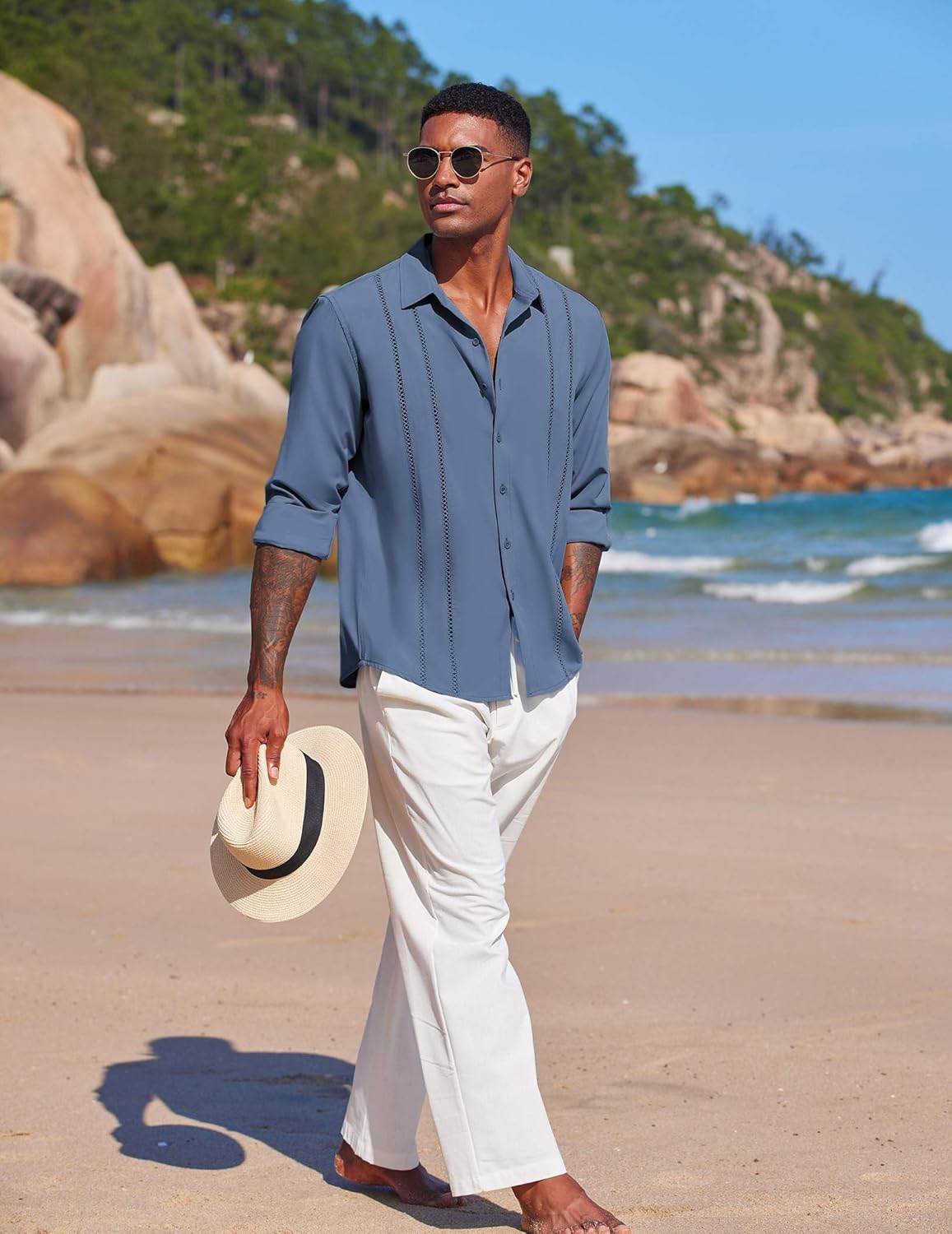 COOFANDY Mens Cuban Guayabera Shirt Casual Button Down Shirts Long Sleeve Summer Beach Shirts - Image 2