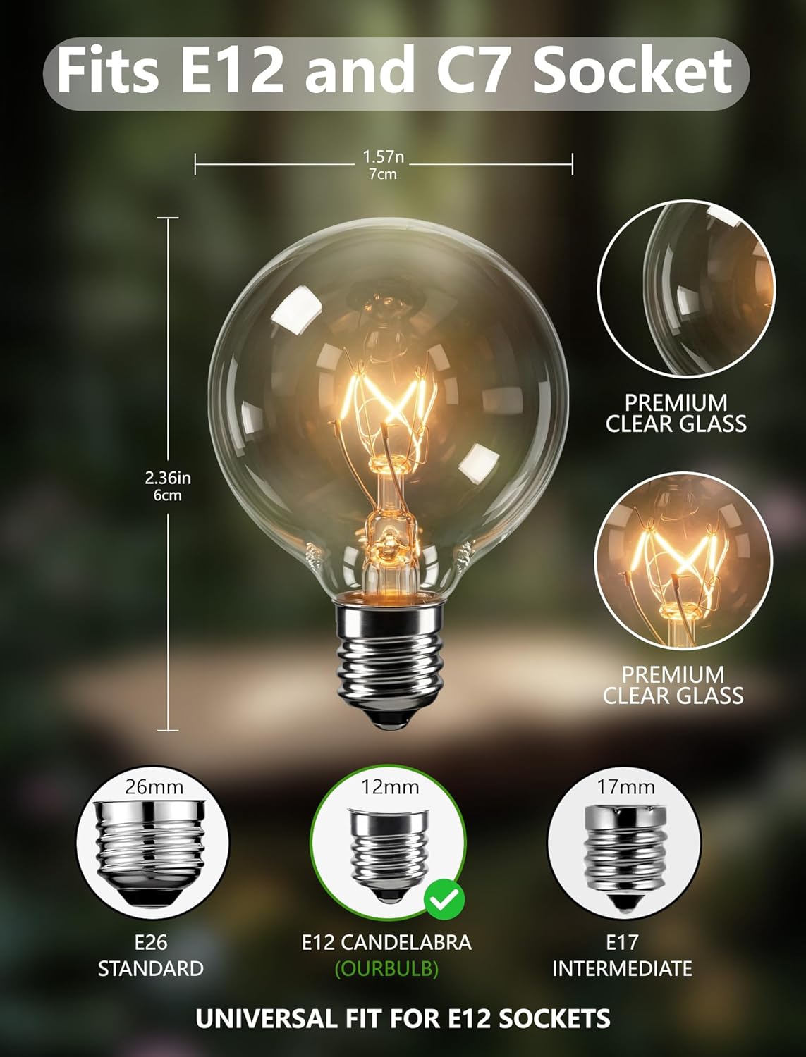 50 Pack G40 Replacement Bulbs for Outdoor String Lights, 5W Clear Incandescent Globe Bulbs with E12 Base, Dimmable Patio & Backyard Decor