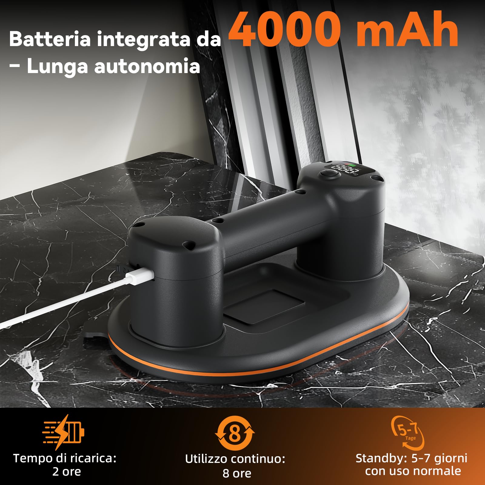 Ventosa elettrica per piastrelle, 24 cm, con batteria da 4000 mAh, display LCD, ventose per vetro, lastre della terrazza, piastrelle, pannelli di legno, marmo e mobili (confezione da 2)