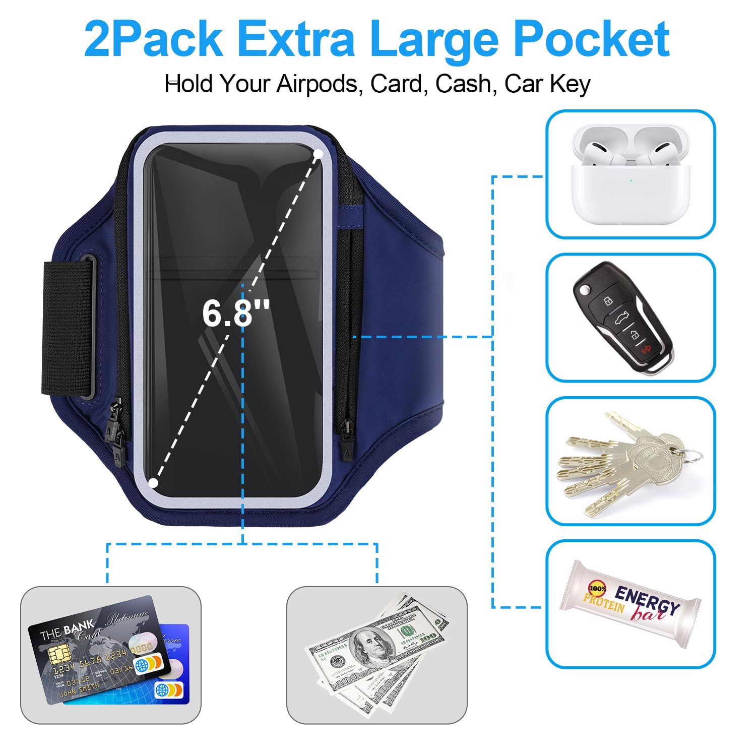 Uchwyt na telefon 6.8'' do biegania z kieszenią na słuchawki RAZOBWS. Uchwyt na ramię dla iPhone 15 14 13 12 11 Plus Pro Max oraz Galaxy S20 - S24 Ultra. Wodoodporny z kieszenią na kluczyki