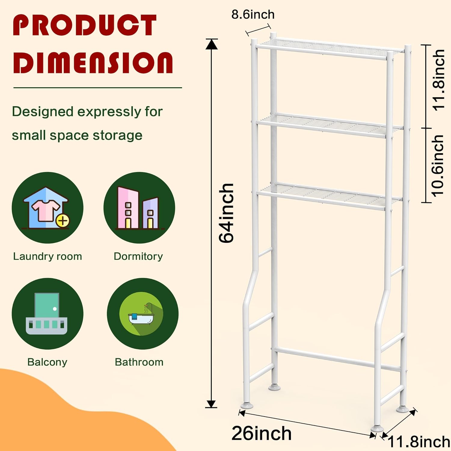 3-Tier Over Toilet Storage Rack, Metal Over Toilet Bathroom Organizer Shelf, Freestanding Space Saver Storage Shelves for Bathroom/Laundry/Living Room (White)
