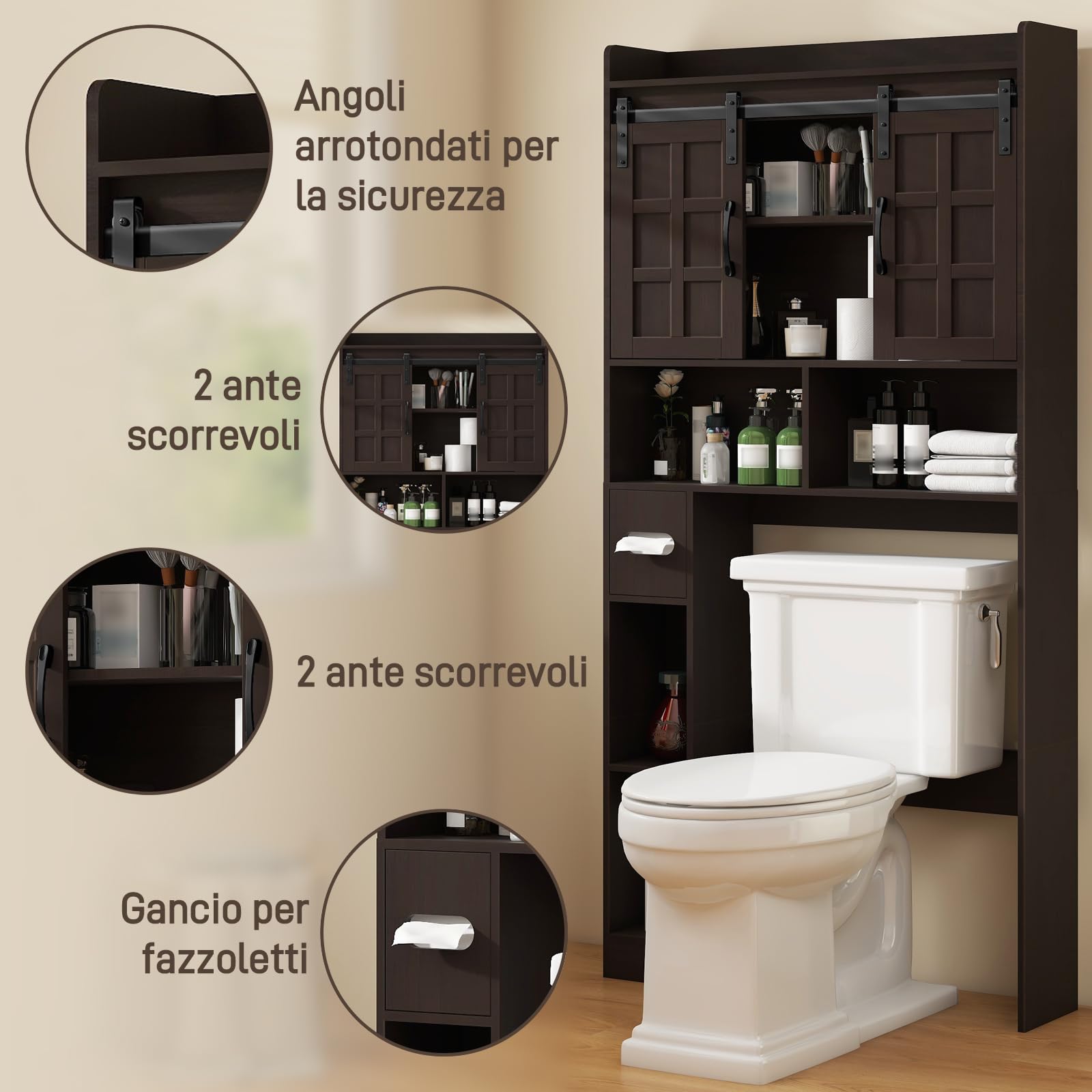 Scaffale per WC con 2 ante scorrevoli e porta carta igienica | Armadietto da bagno autoportante in stile rustico bianco, 77 x 19 x 171,5 cm, con ripiano regolabile e modulo laterale