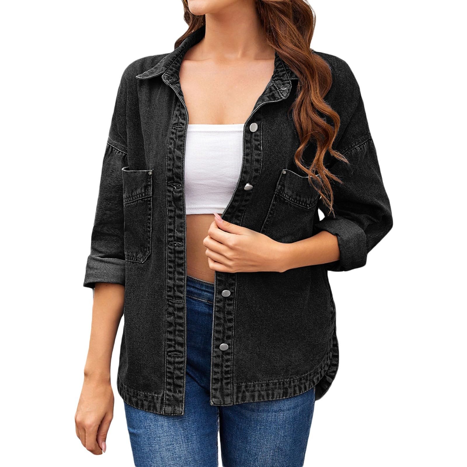 Genérico Cazadora Vaquera Mujer Larga,Chaqueta Vaquera Reversible Con Cuello Con Muescas Y Abrigo De Mezclilla SintéTica Para Mujer