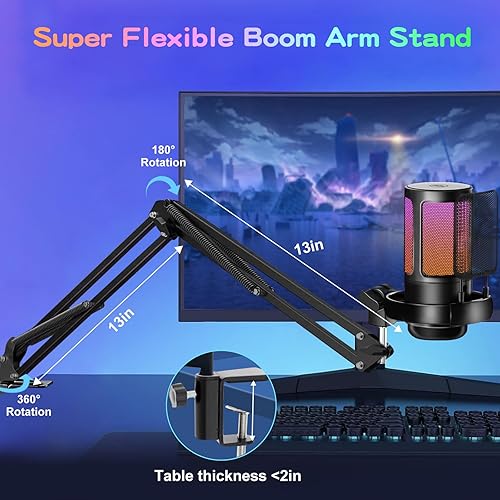 Miniatura 6 de KingSom Micrófono USB para juegos, micrófono condensador de cancelación de ruido con brazo de pluma, micrófonos podcast RGB para computadora,