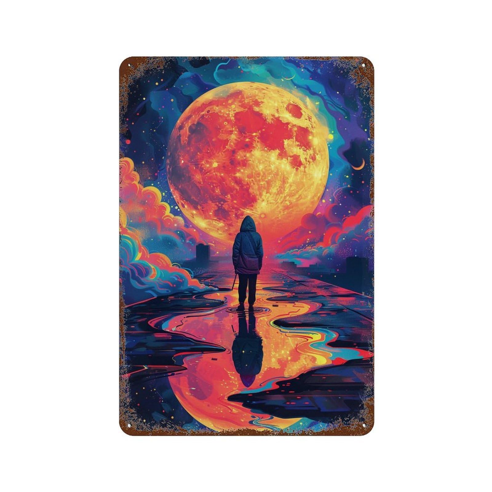 Weathered Tin Sign Magical Moonlit Journey 11.8"x7.9", Rustic Home Decor for Basement, Hobby Room And Garage Decor