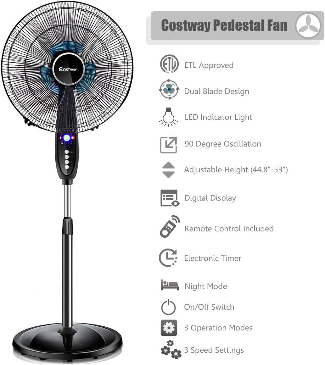 COSTWAY Pedestal Fan, 3-Speed Digital Control- Adjustable Height- Oscillating Standing Fan w/Timer- LCD Display- Double Blades- Remote Control, 16-Inch