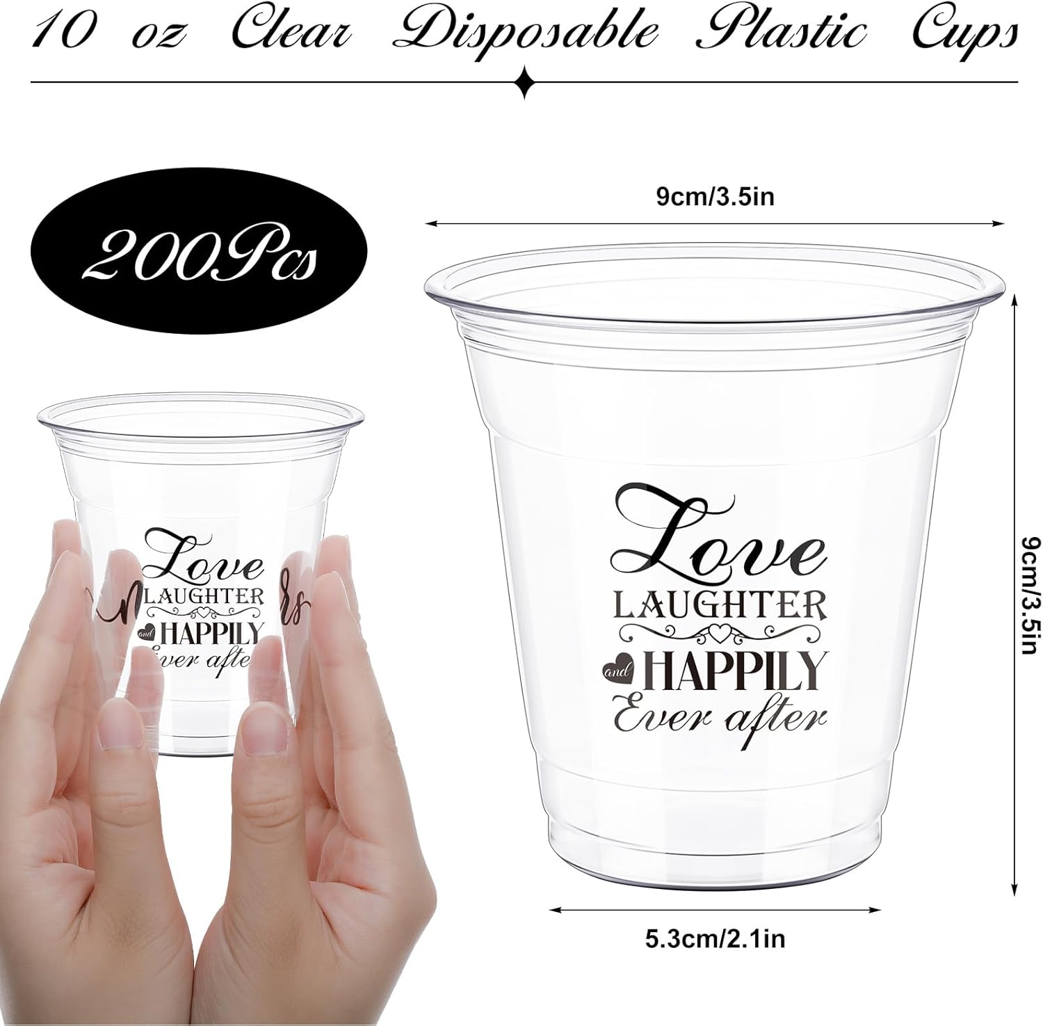 Dandat 200 Pack Disposable Wedding Plastic Cups Bulk 10oz Wedding Reception Cup Disposable Clear Plastic Glasses for Reception Supplies Bridal Shower Anniversary Birthday Party(Love Laughter) - Image 4