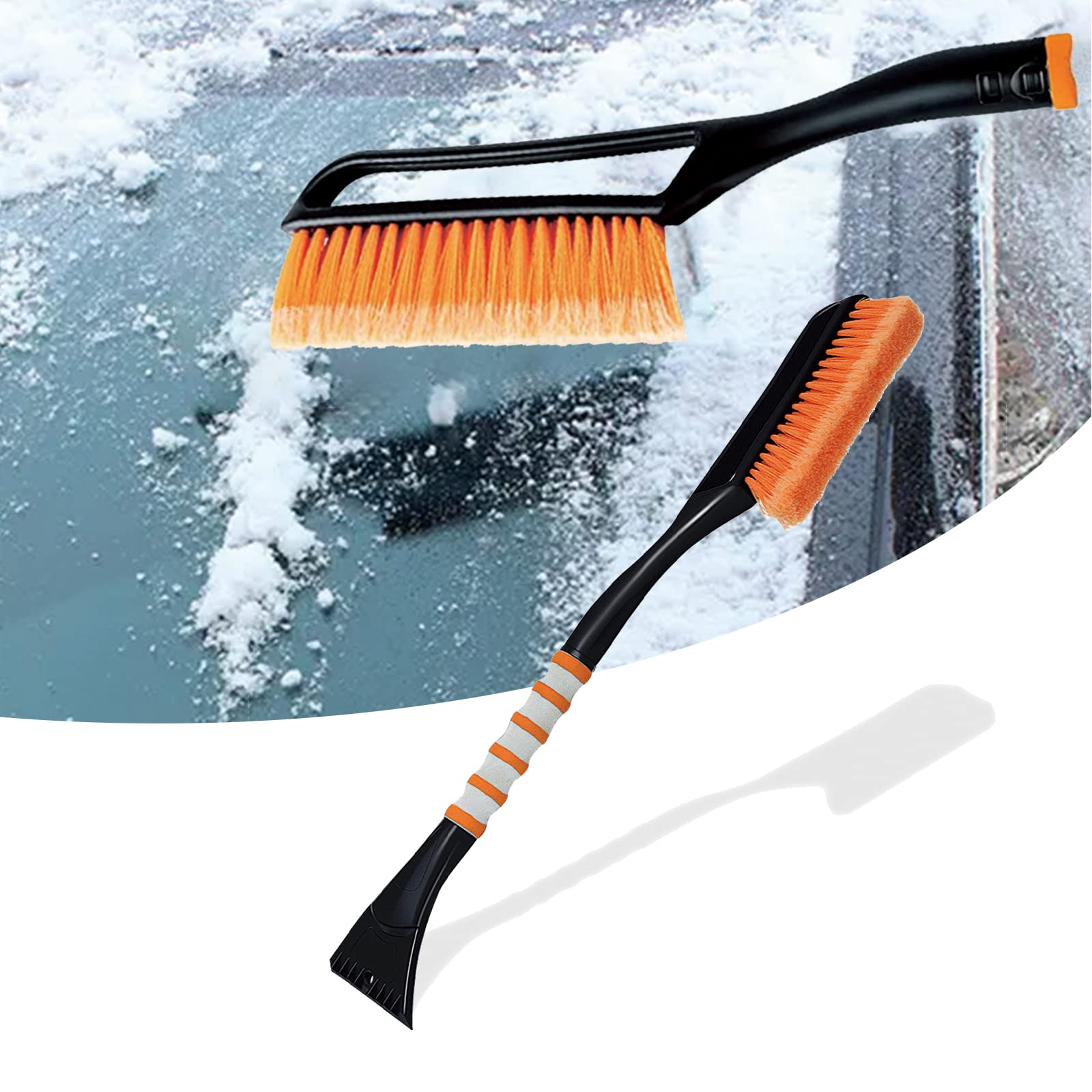 27" Snow Brush, Detachable Ice Scraper with Ergonomic Comfortable Foam Grip, Snow Removal Tool for Car Windshield, Suitable for Cars, Trucks, SUVs (Orange)