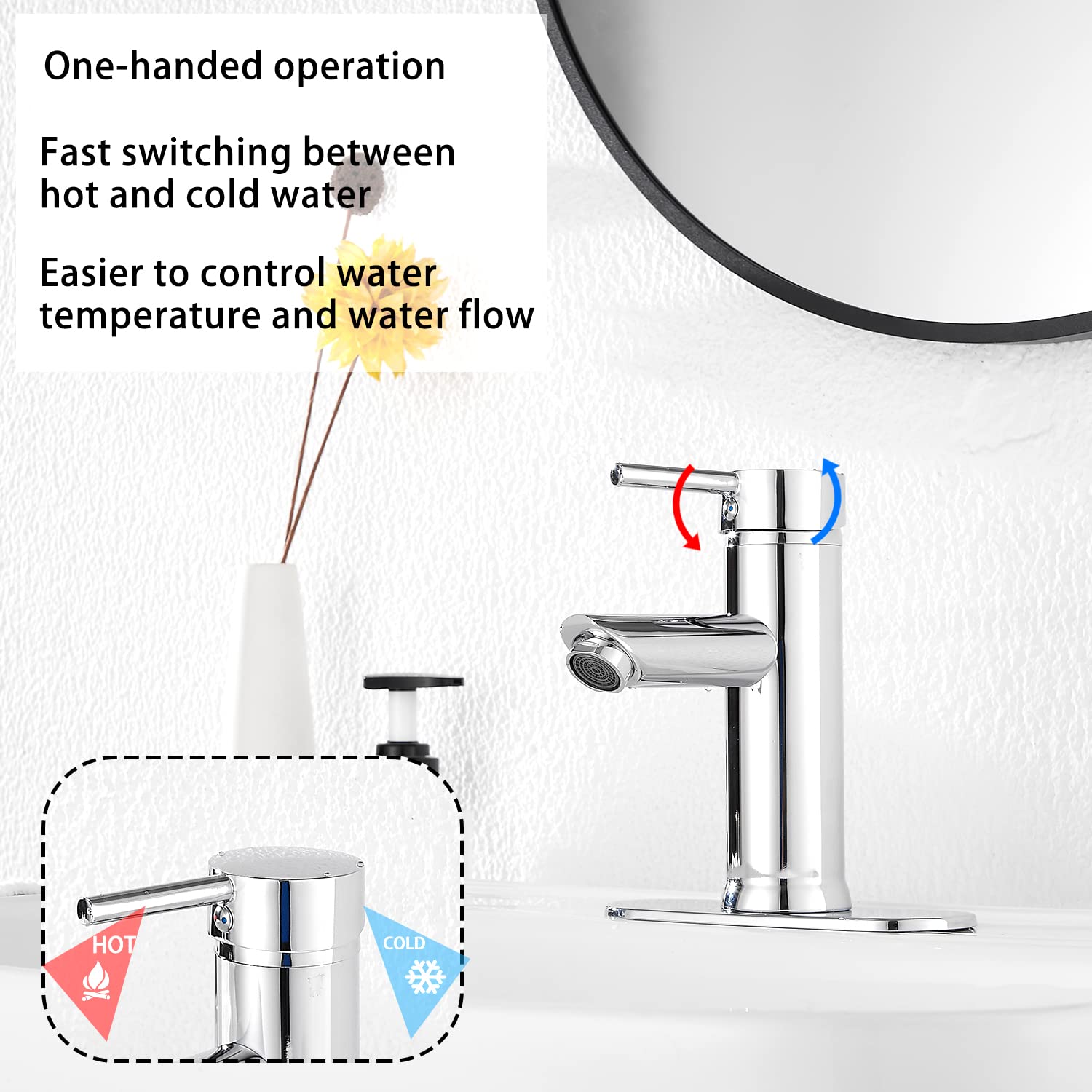GGStudy Chrome Single Handle 1 Hole Bathroom Sink Faucet Matching Pop Up Drain with Overflow Washingroom Faucet Bathroom Vantity Faucet